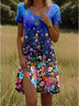 Damen Geblümt Kurzarm Sommer Print Kleid Rundhals Täglich Lässig Mini Tunika H-Linie Kleid