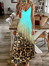 Damen Leopard Ärmellos Sommer Print Kleid V-Ausschnitt Täglich Lässig Maxikleid Unterhose Kleid X-Linie Kleid
