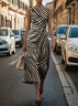 Damen abstrakte Streifen Ärmellos Sommer Print Kleid Rundhals Täglich Retro Maxikleid Etuikleid H-Linie Kleid