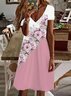 Damen Geblümt Kurzarm Sommer Print Kleid V-Ausschnitt Täglich Lässig Knielänge T-Shirt-Kleid H-Linie Kleid
