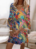 Damen Phönix Halbarm Sommer Print Kleid V-Ausschnitt Täglich Lässig Midi Klassisch H-Linie Kleid