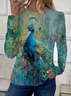 Damen Pfauenblau Langarm T-Shirts T-Shirt Rundhals Print Lässig Frühling/Herbst T-Shirt mit Grafik Oberteile