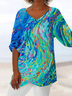 Damen Abstrakt Kurzarm Bluse Sommer Print V-Ausschnitt Täglich Lässig Oberteile