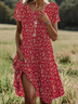Damen Geblümt Kurzarm Sommer Print Kleid Rundhals Täglich Lässig Mini Tunika H-Linie Kleid