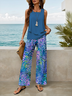 Damen Geblümt Print Zweiteiliges Set Täglich Ärmellos Lässig Sommer Bluse mit Hose Matching Set