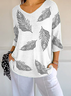 Damen Feder Dreiviertelärmel T-Shirts T-Shirt V-Ausschnitt Print Lässig Frühling/Herbst T-Shirt mit Grafik Oberteile