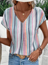Damen Gestreift Kurzarm T-Shirts T-Shirt V-Ausschnitt Print Lässig Sommer Oberteile