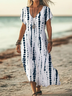 Damen Gestreift Kurzarm Sommer Print Kleid V-Ausschnitt Täglich Lässig Maxikleid X-Linie Kleid