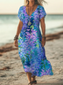 Damen Geblümt Kurzarm Sommer Print Kleid V-Ausschnitt Täglich Lässig Maxikleid X-Linie Kleid