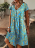 Damen Geblümt Kurzarm Sommer Print Kleid V-Ausschnitt Täglich Lässig Knielänge T-Shirt-Kleid H-Linie Kleid