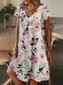 Damen Geblümt Kurzarm Sommer Print Kleid V-Ausschnitt Täglich Lässig Knielänge T-Shirt-Kleid H-Linie Kleid