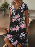 Damen Geblümt Kurzarm Sommer Print Kleid V-Ausschnitt Täglich Lässig Knielänge T-Shirt-Kleid H-Linie Kleid