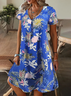 Damen Geblümt Kurzarm Sommer Print Kleid V-Ausschnitt Täglich Lässig Knielänge T-Shirt-Kleid H-Linie Kleid