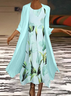 Damen Geblümt Print Zweiteiliges Set Täglich Dreiviertelärmel Lässig Frühling/Herbst Kleid mit Mantel Matching Set