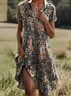 Damen Geblümt Kurzarm Sommer Print Kleid Schalkragen Täglich Lässig Knielänge A-Linien-Kleid