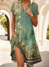 Damen Geblümt Kurzarm Sommer Print Kleid Schalkragen Täglich Lässig Knielänge A-Linien-Kleid
