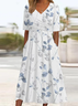Damen Geblümt Kurzarm Sommer Print Kleid V-Ausschnitt Täglich Lässig Maxikleid A-Linien-Kleid