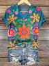 Damen Geblümt Kurzarm T-Shirts T-Shirt V-Ausschnitt Print Lässig Sommer T-Shirt mit Grafik Oberteile