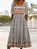 Damen Geblümt Kurzarm Sommer Print Kleid Rundhals Täglich Lässig Maxikleid Etuikleid H-Linie Kleid