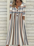 Damen Gestreift Halbarm Sommer Print Kleid Halb offener Kragen Täglich Lässig Maxikleid A-Linien-Kleid