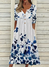 Damen Geblümt Halbarm Sommer Print Kleid Halb offener Kragen Täglich Lässig Maxikleid A-Linien-Kleid