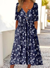Damen Geblümt Halbarm Sommer Print Kleid Halb offener Kragen Täglich Lässig Maxikleid A-Linien-Kleid