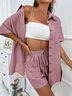 Damen Unifarben Nahtverarbeitung Zweiteiliges Set Täglich Kurzarm Lässig Sommer Bluse mit Hose Matching Set