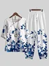 Damen Geblümt Print Zweiteiliges Set Täglich Halbarm Lässig Sommer Bluse mit Hose Matching Set