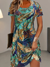 Damen Blätter Kurzarm Sommer Print Kleid Rundhals Täglich Lässig Mini Tunika H-Linie Kleid