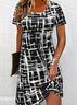 Damen Abstrakt Kariert Kurzarm Sommer Print Kleid Rundhals Täglich Lässig Mini Tunika H-Linie Kleid