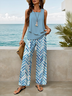 Damen Geometrisch Print Zweiteiliges Set Täglich Ärmellos Lässig Sommer Bluse mit Hose Matching Set
