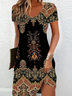 Damen Geblümt Kurzarm Sommer Print Kleid V-Ausschnitt Täglich Lässig Midi Passen & Flare Kleid A-Linien-Kleid