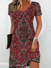 Damen Geblümt Kurzarm Sommer Print Kleid V-Ausschnitt Täglich Lässig Midi Passen & Flare Kleid A-Linien-Kleid