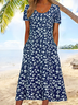 Damen Geblümt Halbarm Sommer Print Kleid Rundhals Täglich Lässig Maxikleid A-Linien-Kleid