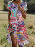Damen Geblümt Kurzarm Sommer Print Kleid Rundhals Täglich Lässig Mini Tunika H-Linie Kleid