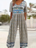 Damen Geblümt V-Ausschnitt Halbarm Lässig Sommer Jumpsuit