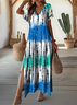 Damen Abstrakt Kurzarm Sommer Print Kleid V-Ausschnitt Täglich Lässig Maxikleid X-Linie Kleid