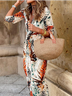 Damen Geometrisch Dreiviertelärmel Frühling/Herbst Print Kleid V-Ausschnitt Täglich Retro Maxikleid Hüftrock A-Linien-Kleid
