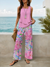 Damen Geblümt Print Zweiteiliges Set Täglich Ärmellos Lässig Sommer Bluse mit Hose Matching Set