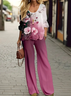 Damen Geblümt Print Zweiteiliges Set Täglich Langarm Lässig Frühling/Herbst Bluse mit Hose Matching Set