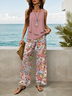 Damen Geblümt Print Zweiteiliges Set Täglich Ärmellos Lässig Sommer Bluse mit Hose Matching Set