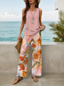 Damen Geblümt Print Zweiteiliges Set Täglich Ärmellos Lässig Sommer Bluse mit Hose Matching Set