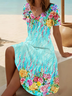 Damen Geblümt Kurzarm Sommer Print Kleid V-Ausschnitt Täglich Lässig Midi Passen & Flare Kleid A-Linien-Kleid
