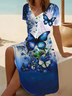 Damen Geblümt Kurzarm Sommer Print Kleid V-Ausschnitt Täglich Lässig Midi Passen & Flare Kleid A-Linien-Kleid