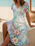 Damen Geblümt Kurzarm Sommer Print Kleid V-Ausschnitt Täglich Lässig Midi Passen & Flare Kleid A-Linien-Kleid