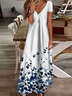 Damen Geblümt Kurzarm Sommer Print Kleid V-Ausschnitt Täglich Lässig Maxikleid X-Linie Kleid