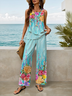 Damen Geblümt Print Zweiteiliges Set Täglich Ärmellos Lässig Sommer Bluse mit Hose Matching Set