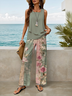 Damen Geblümt Print Zweiteiliges Set Täglich Ärmellos Lässig Sommer Bluse mit Hose Matching Set
