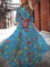 Damen Geblümt Halbarm Sommer Print Kleid Rundhals Puffärmel Täglich Lässig Maxikleid Fließendes Kleid A-Linien-Kleid