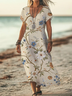 Damen Geblümt Kurzarm Sommer Print Kleid V-Ausschnitt Täglich Lässig Maxikleid X-Linie Kleid